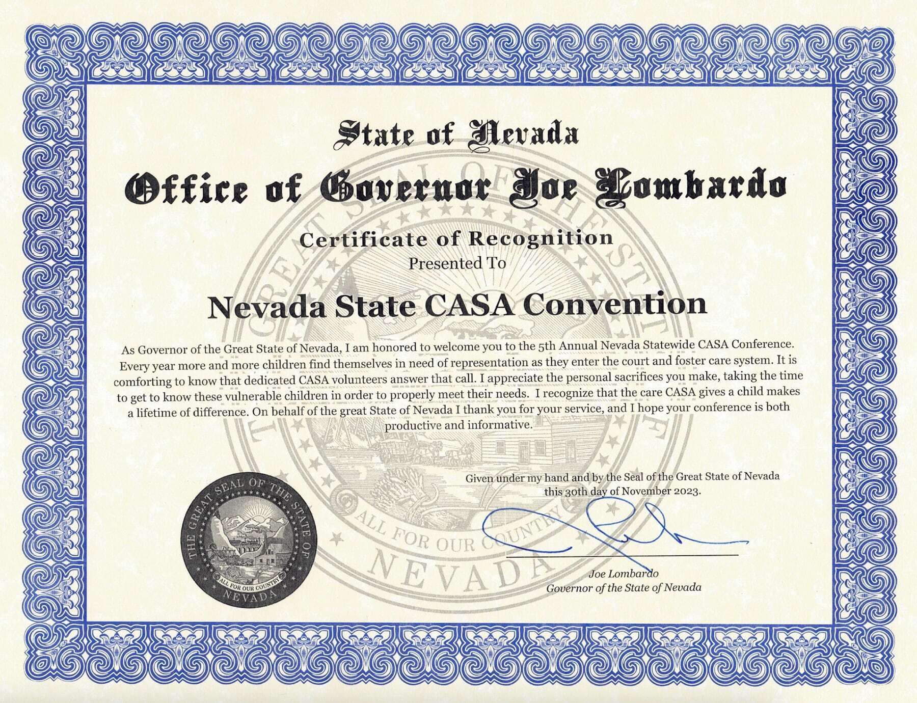 Certificate of Recognition from State of Nevada